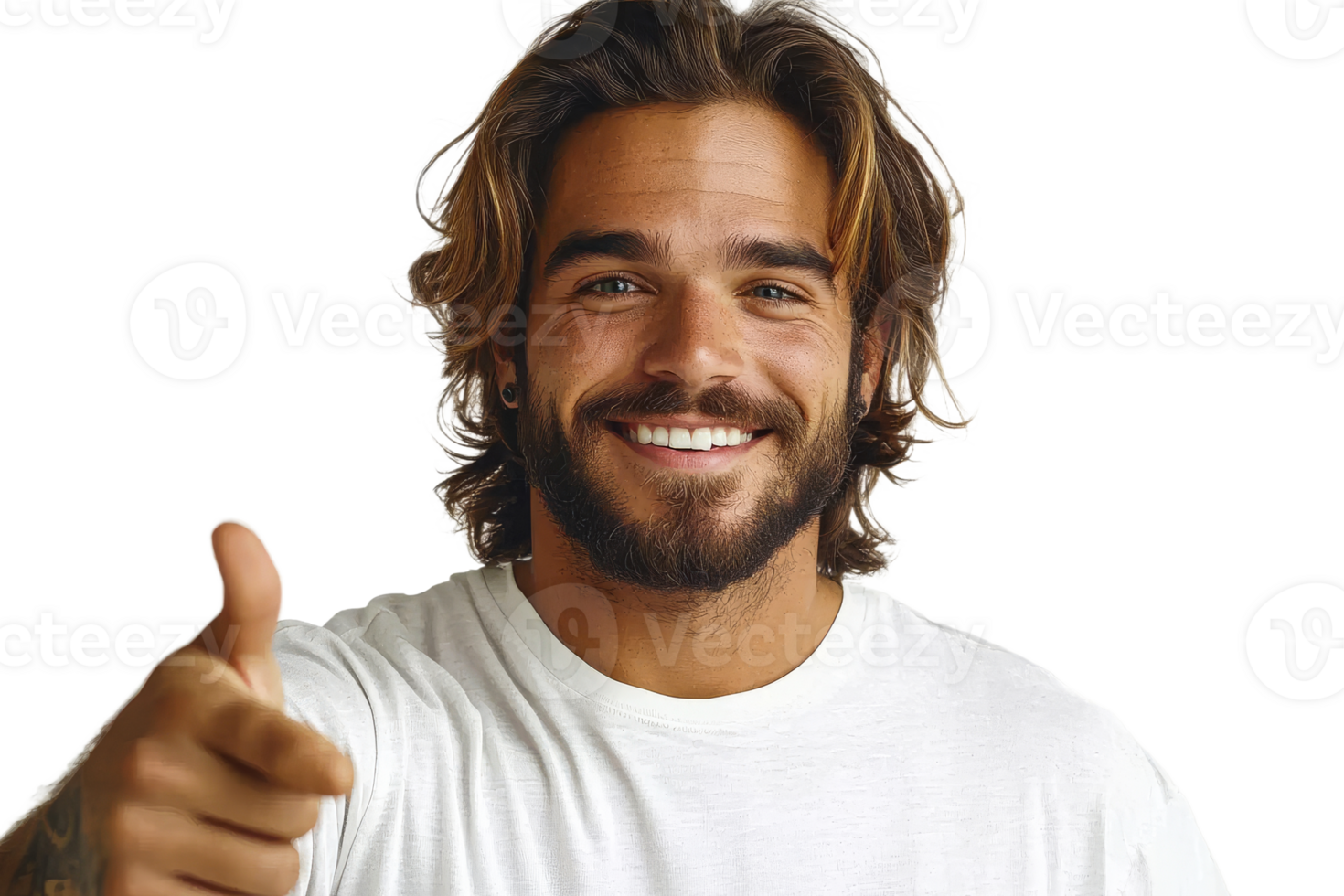 Smiling man giving thumbs up on transparent background png