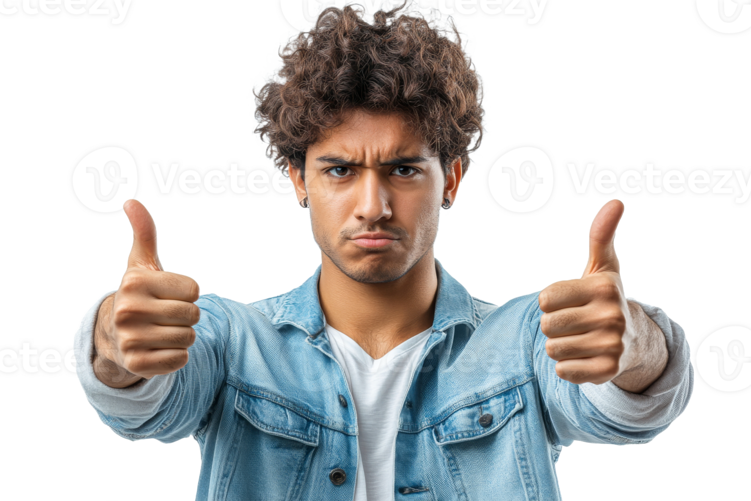 Young man giving thumbs up with serious expression png