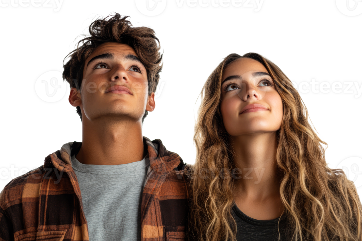 Young couple looking up with curiosity and wonder png