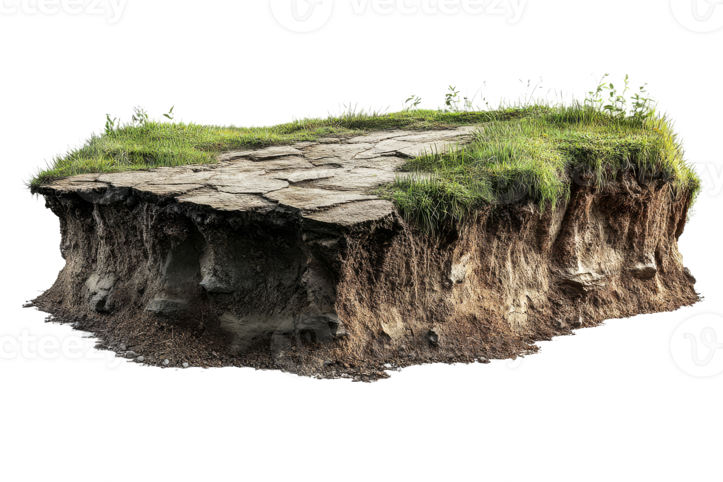 Grass covered rock platform with roots and stones png