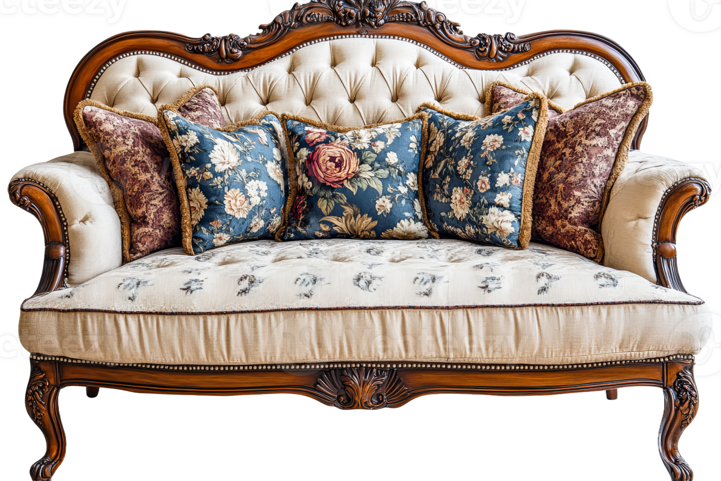 Elegant vintage sofa with decorative pillows, cut out transparent png