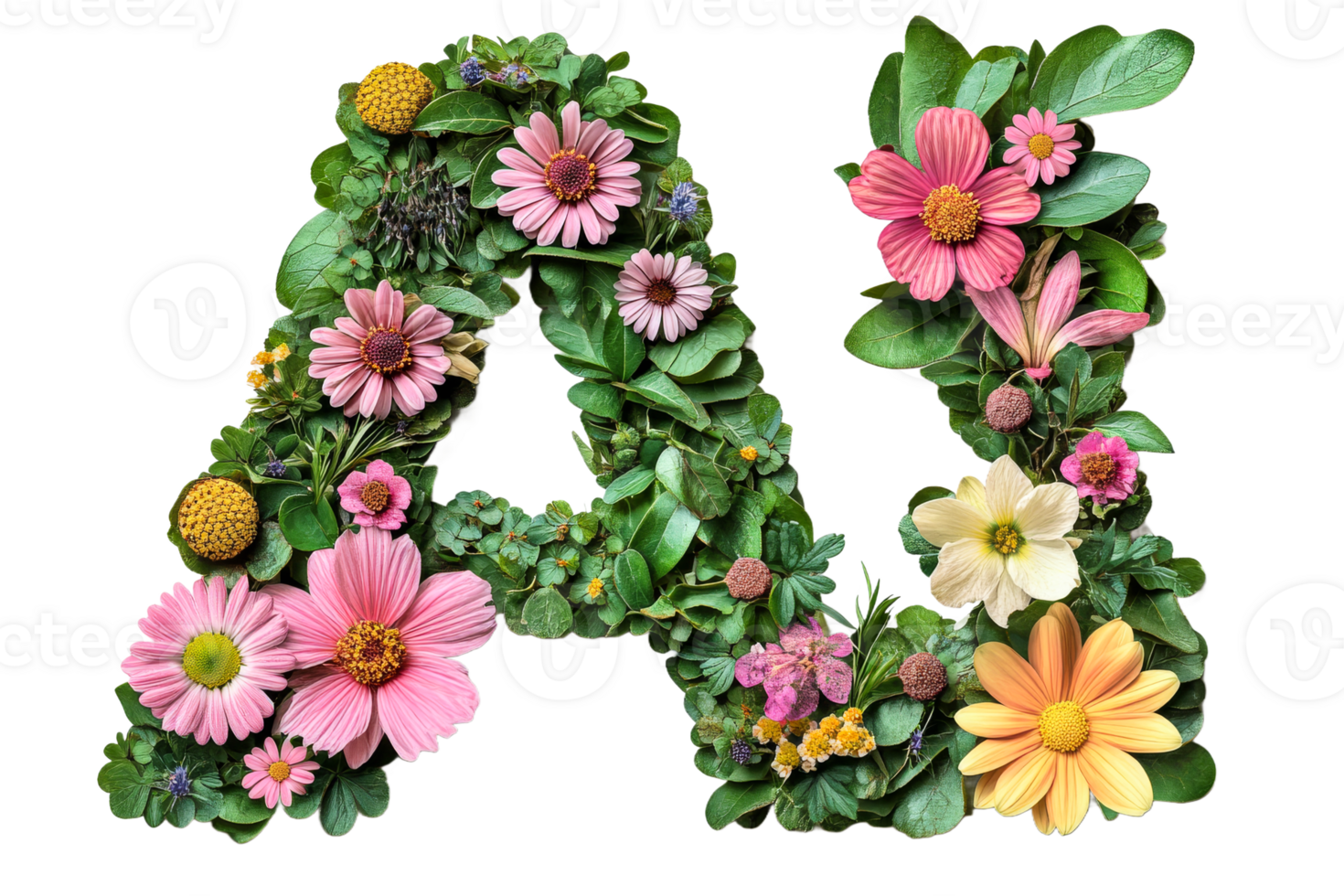 Decorative letter A made of flowers and leaves design png