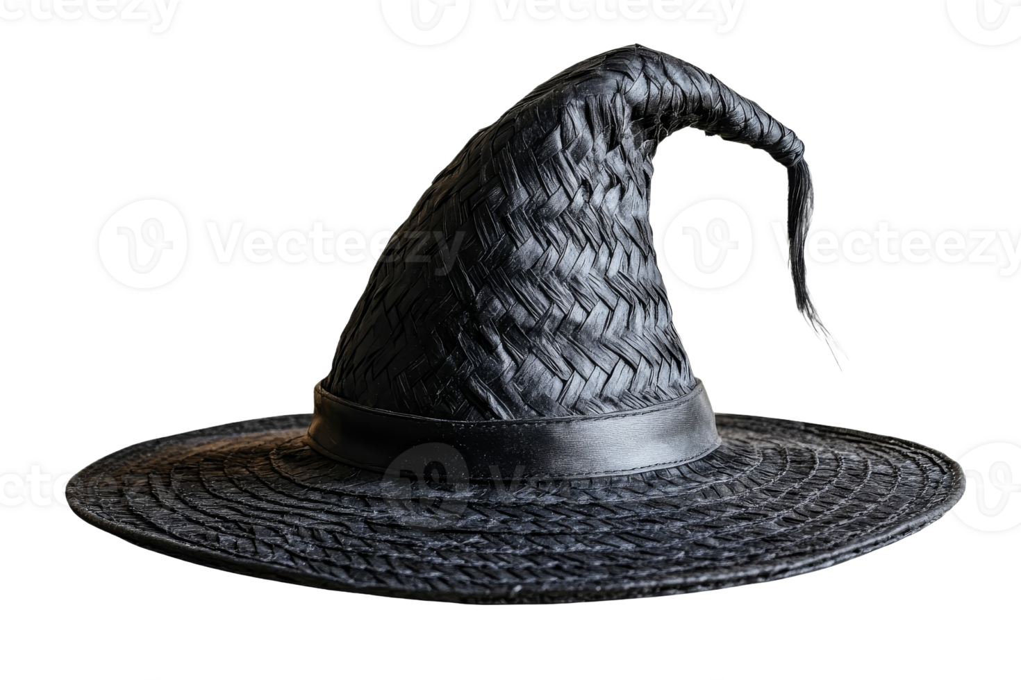 Black woven witch hat with wide brim and pointed top png