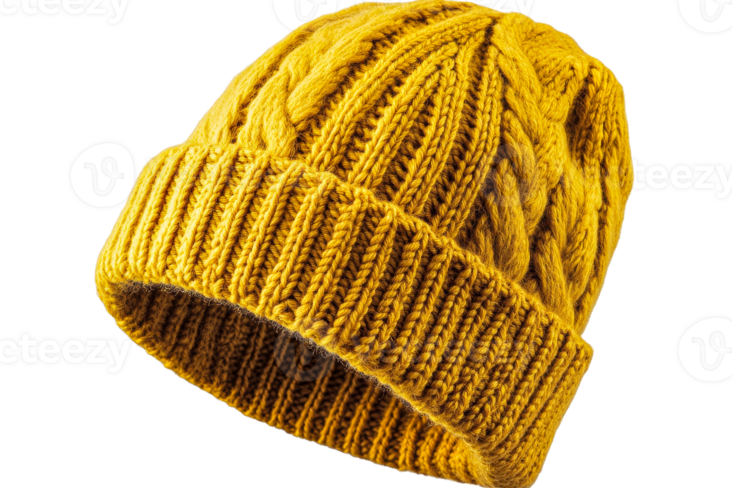 Warm yellow knitted beanie with a textured pattern png