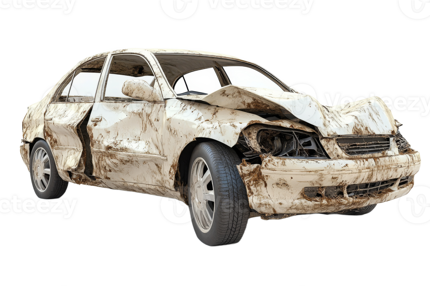 Abandoned car showing significant damage and dirt png