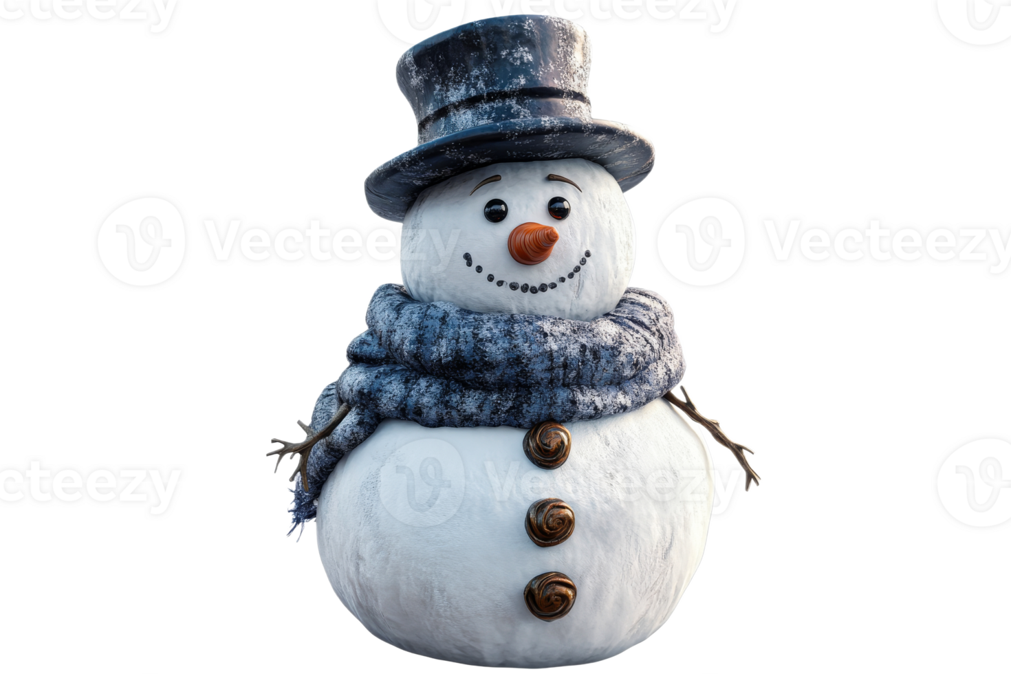 Happy snowman wearing a hat and scarf with a smile png