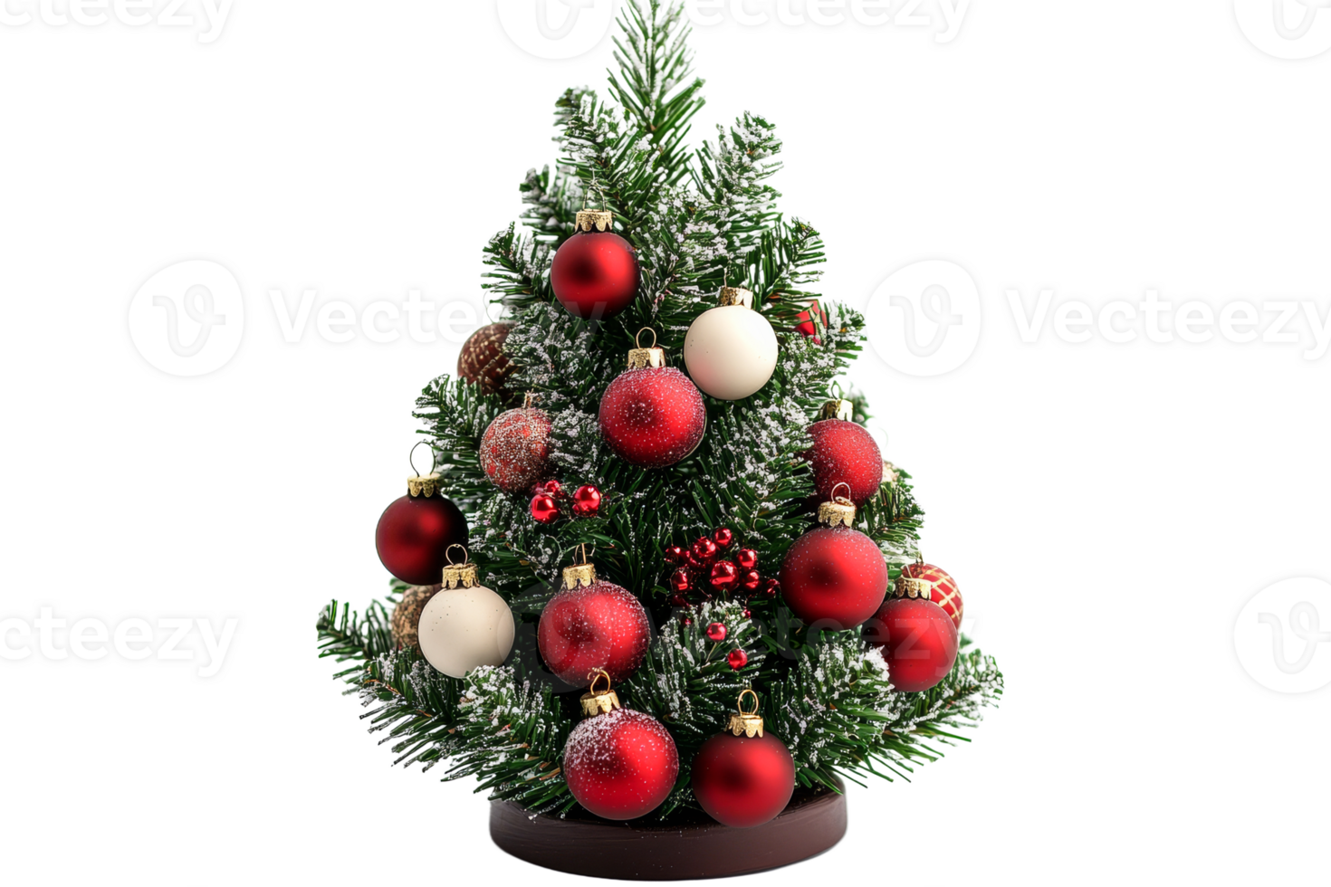Festive Christmas tree adorned with red ornaments and snow png