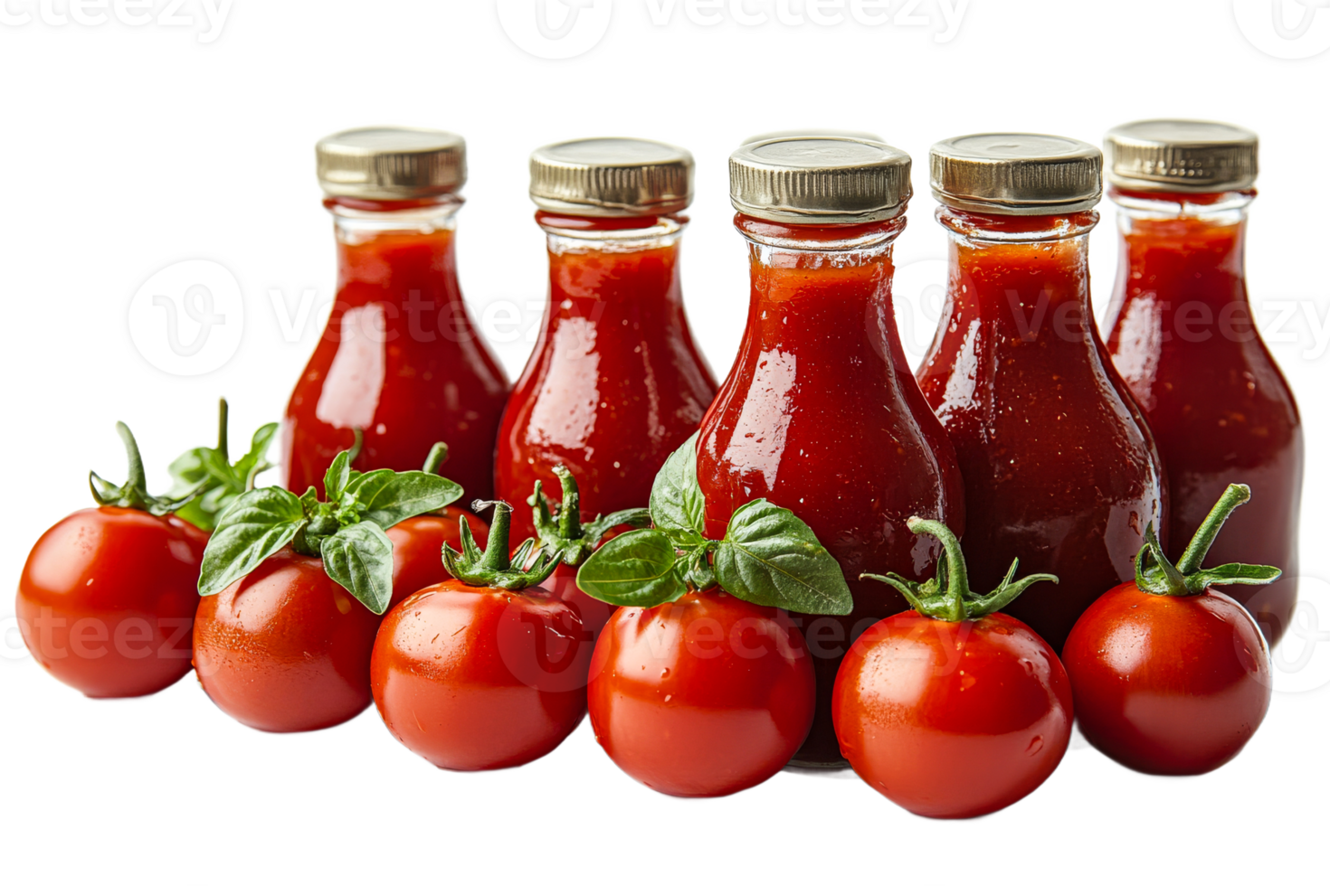 Fresh tomatoes paired with glass bottles of sauce png