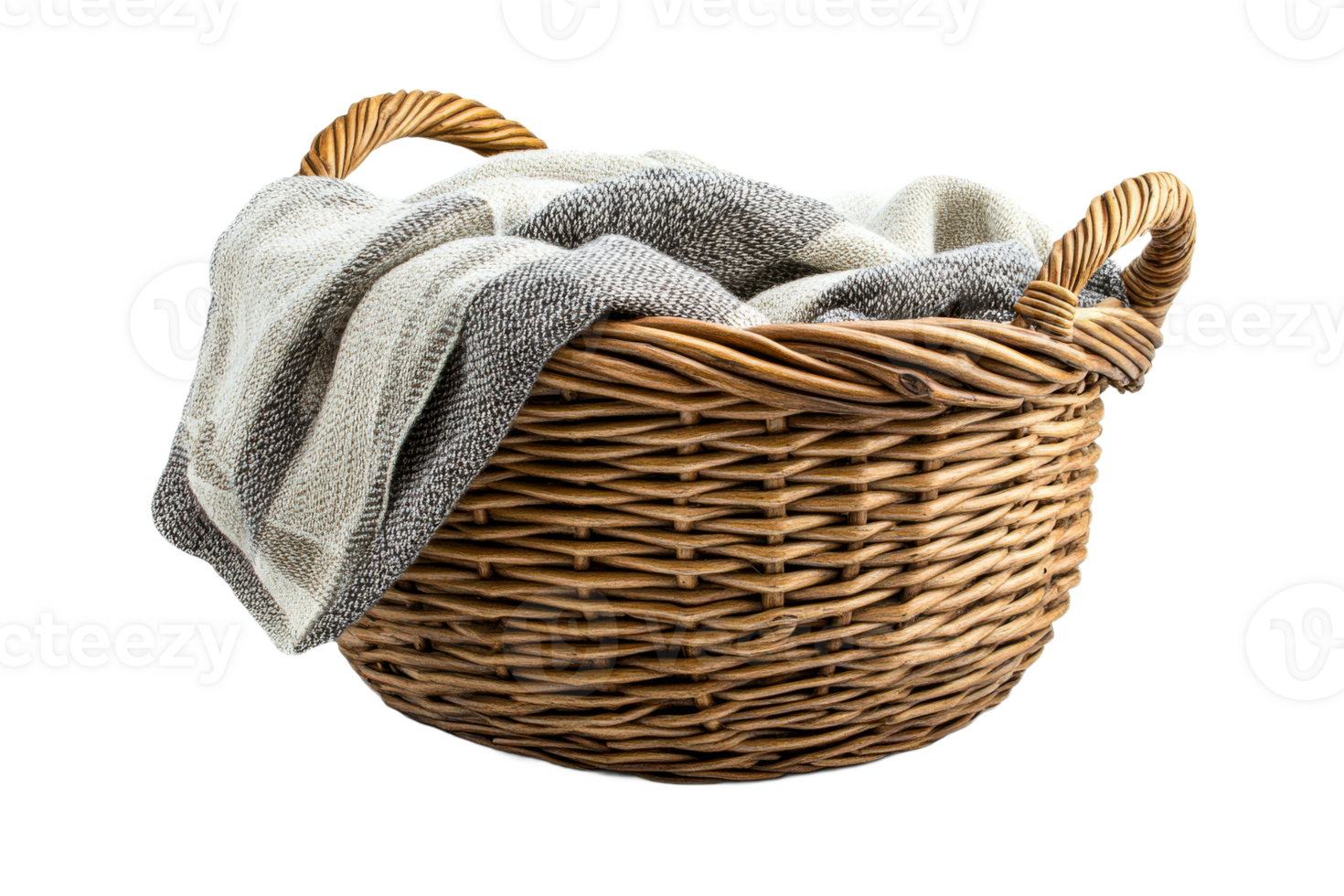 Woven basket with blanket on a transparent background png