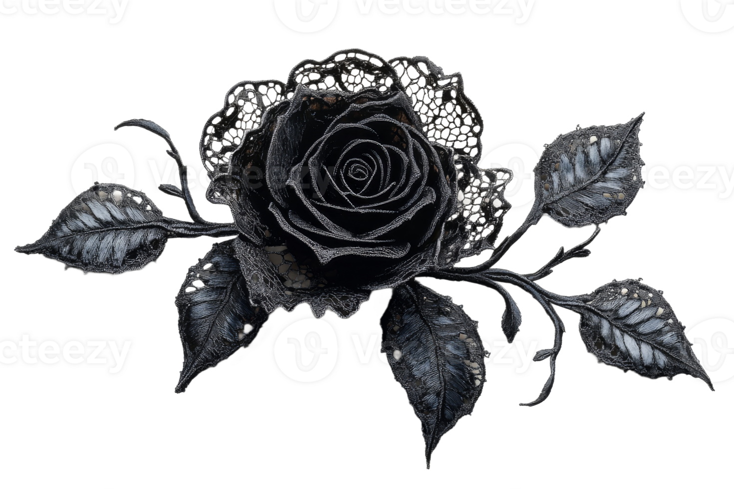 Intricate black lace rose on transparent background png