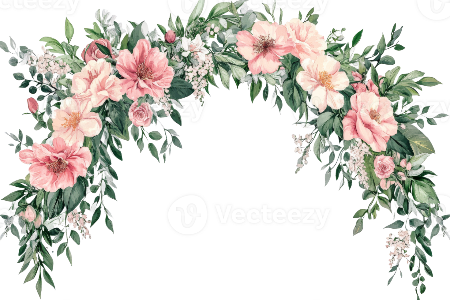 Floral arch design with pink blooms and greenery png