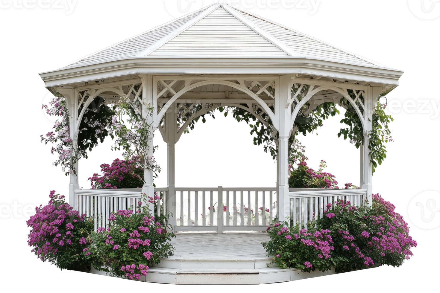 Charming gazebo with vibrant flowers in bloom png