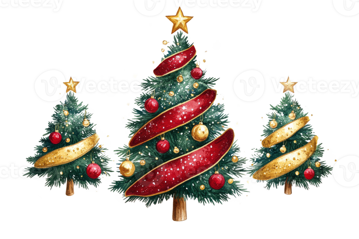 Festive Christmas trees with gold and red decorations png