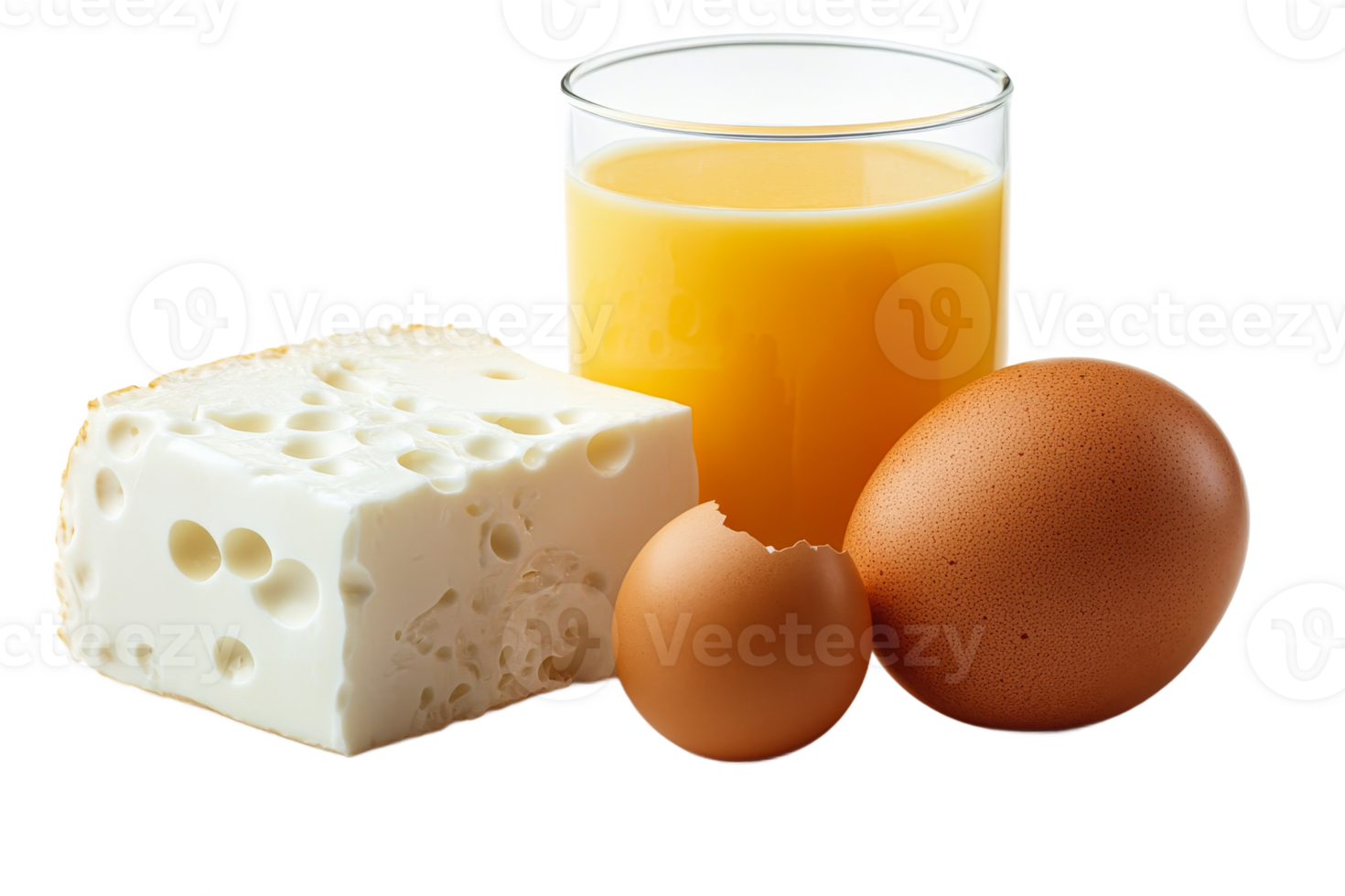 Breakfast items with cheese, eggs, and juice on a table png