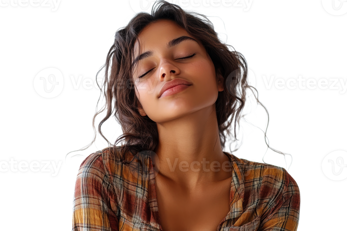 A young woman with curly hair enjoys a serene moment png
