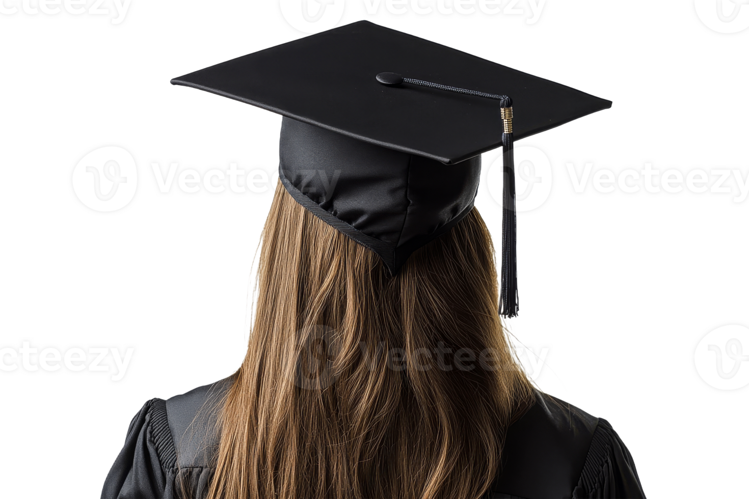 Graduating student wearing a cap with long hair png