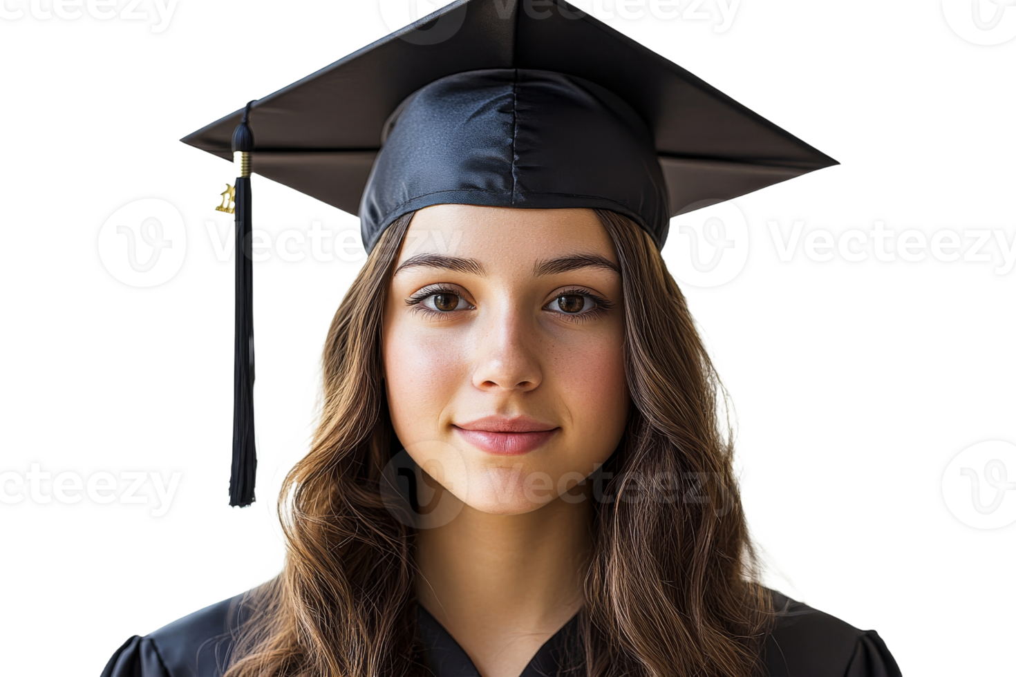 Graduation portrait of a young woman wearing a cap and gown png