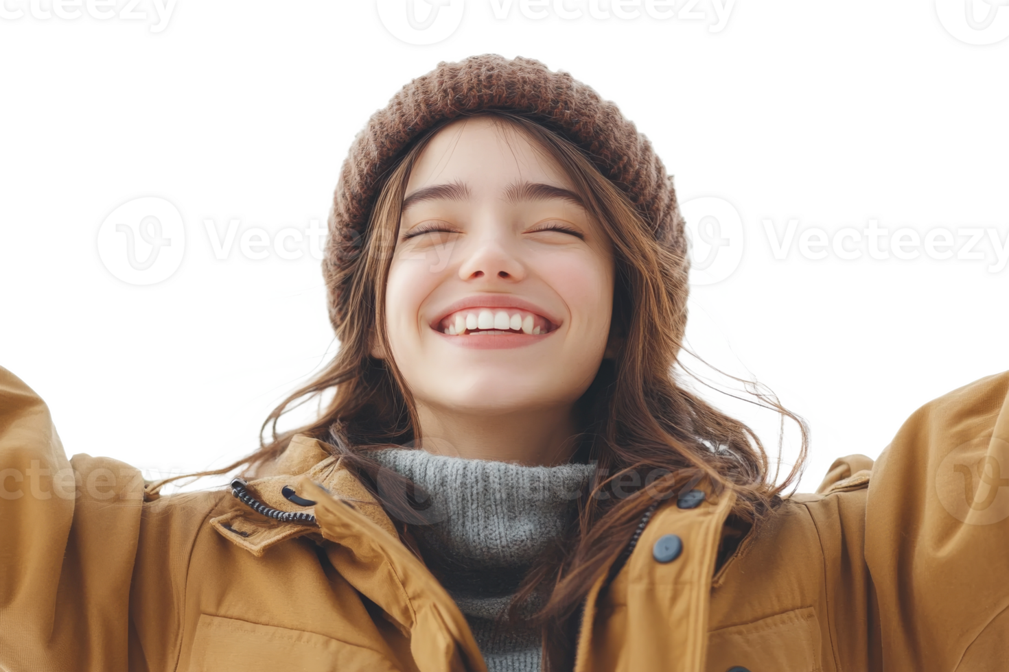 Smiling young woman enjoying winter outdoors with joy png