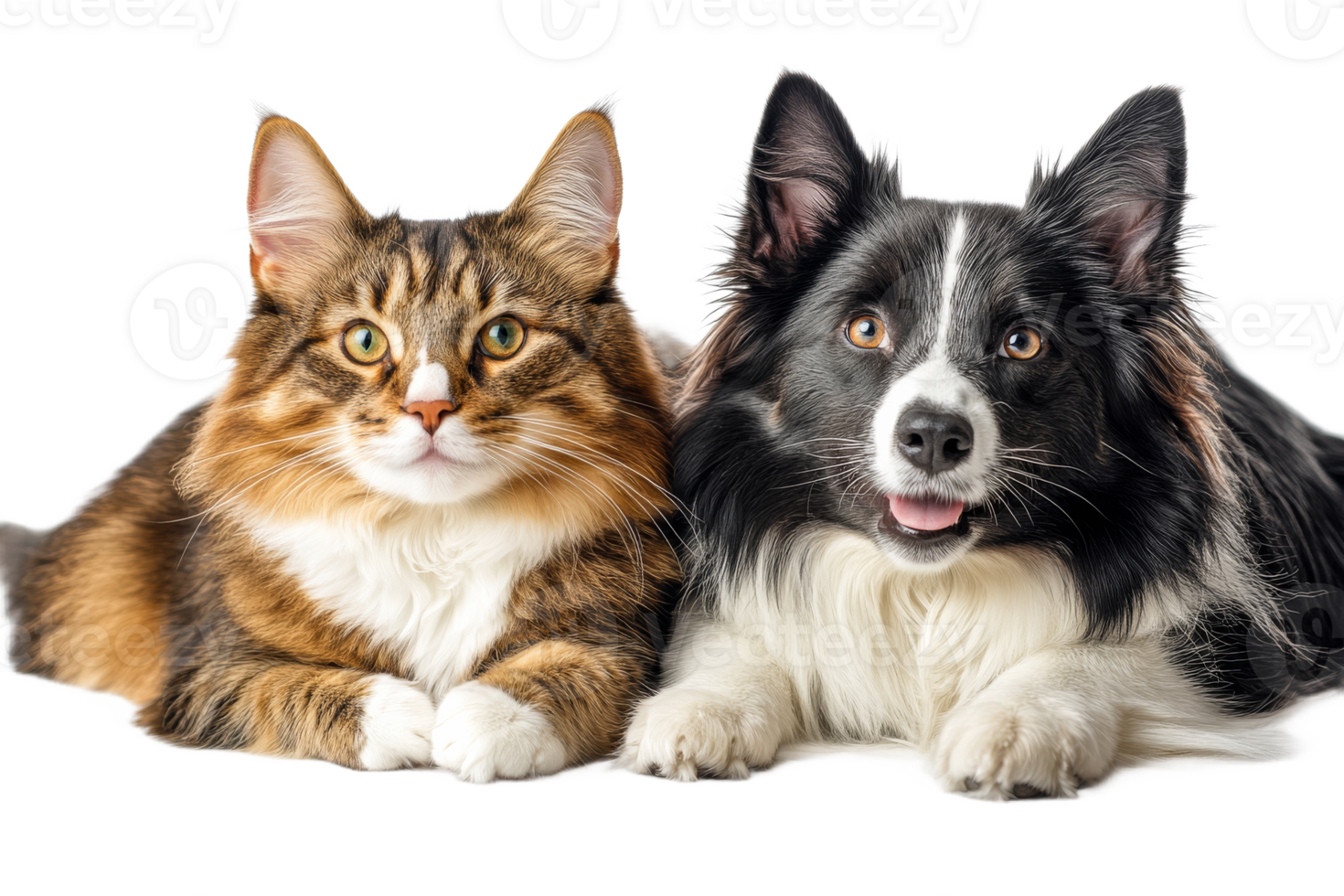 Cute cat and dog resting together on a white background png