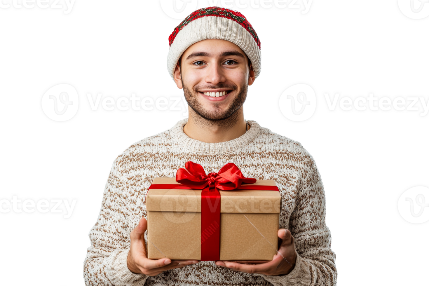 Man holding a gift with a warm smile during winter png