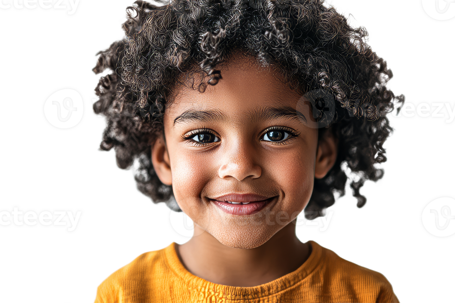 Happy child with curly hair smiling brightly, cut out transparent png