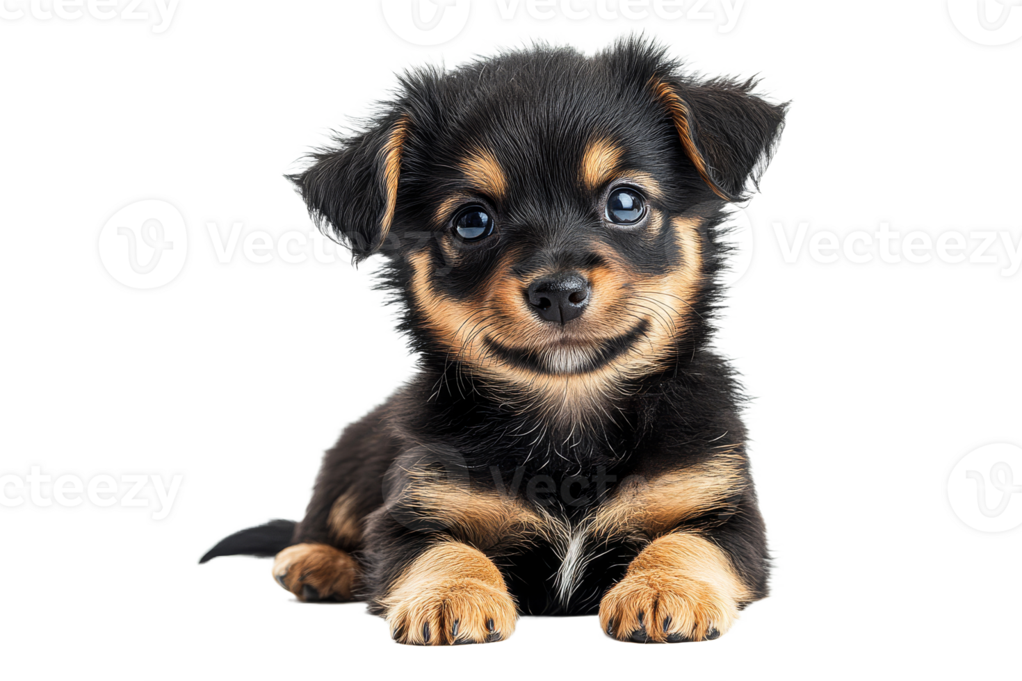 Cute black and tan puppy lying on a clean surface png