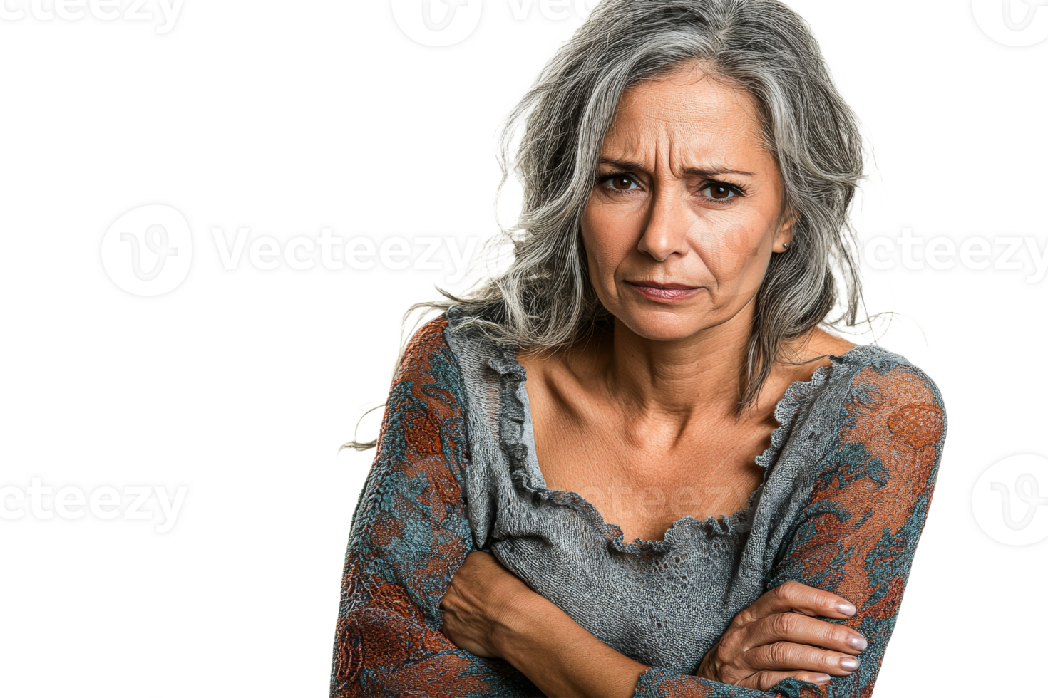 Woman with grey hair expressing concern in soft light png