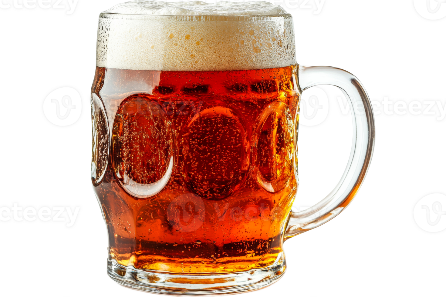 Mug of amber beer with frothy foam and bubbles png