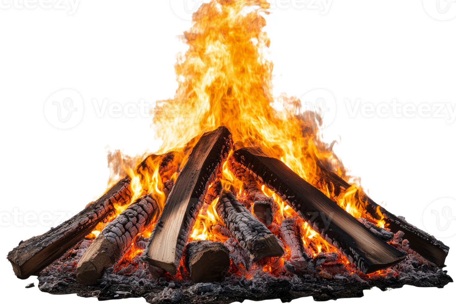 Campfire with bright flames and wooden logs burning png