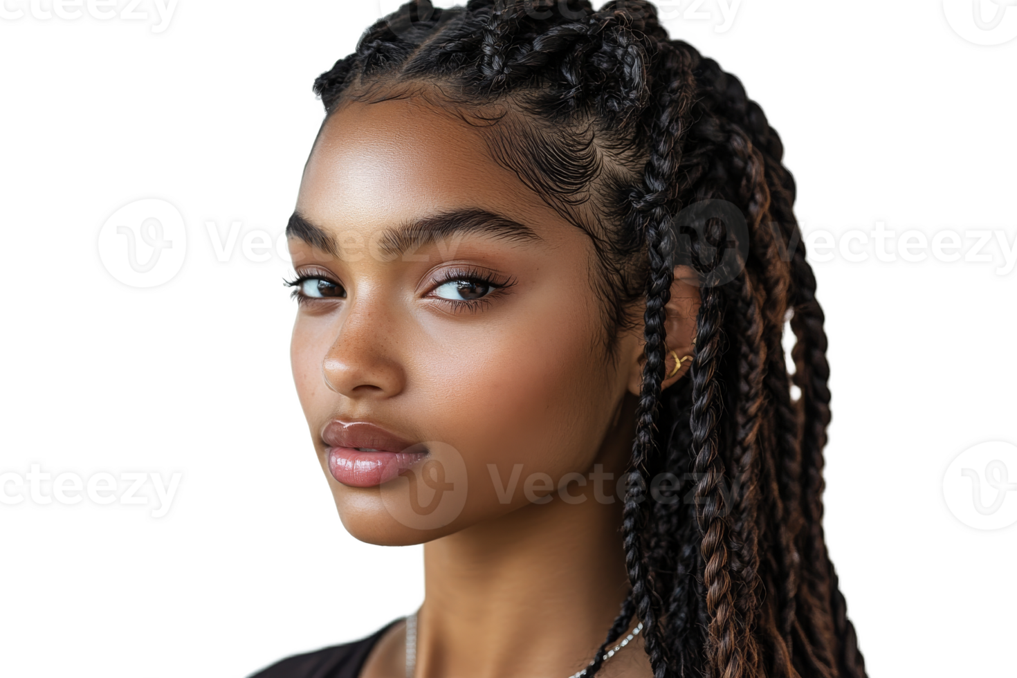 Young woman with braided hairstyle and clear skin png