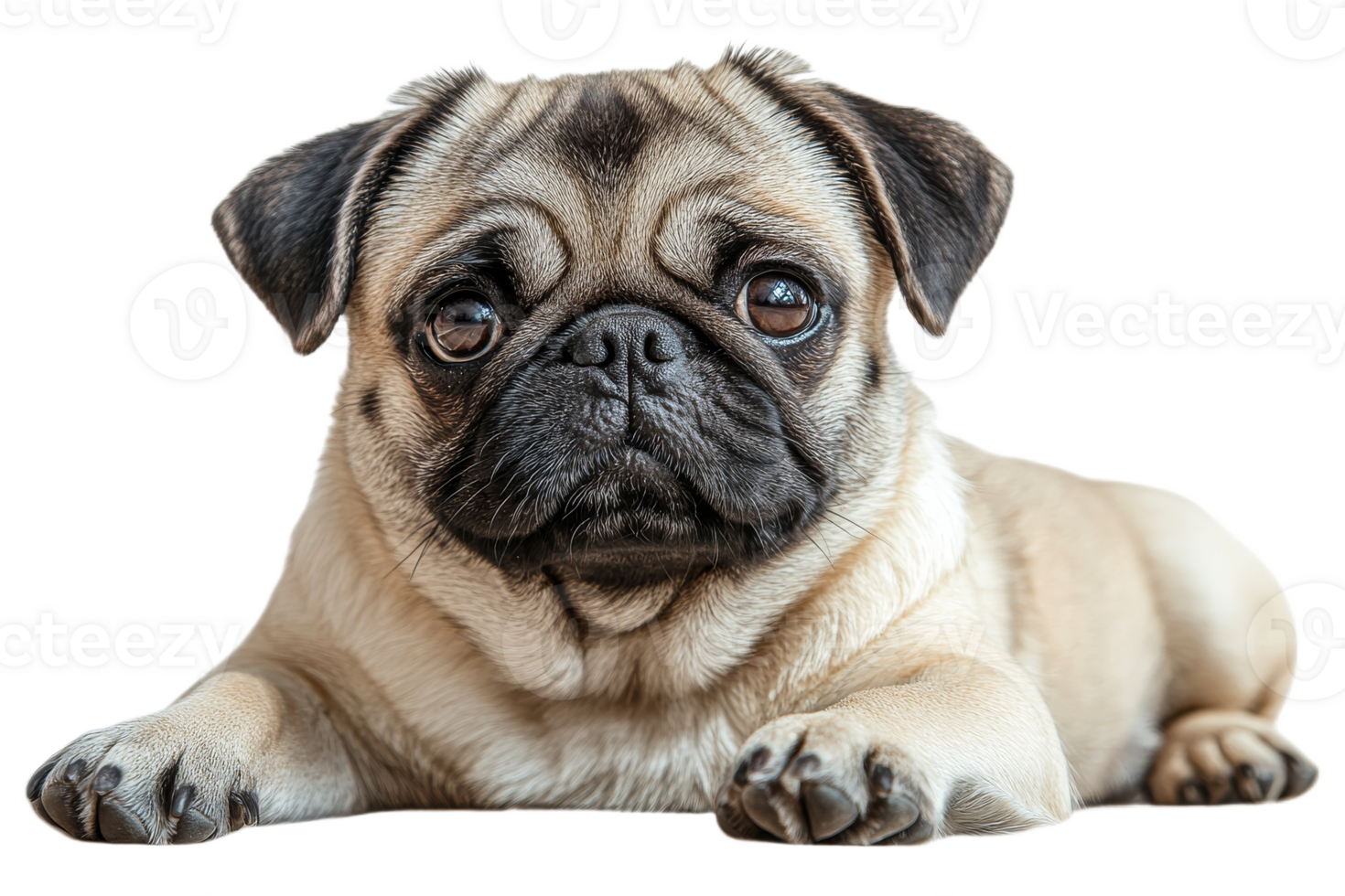 Pug dog resting with a curious expression in a cozy setting png