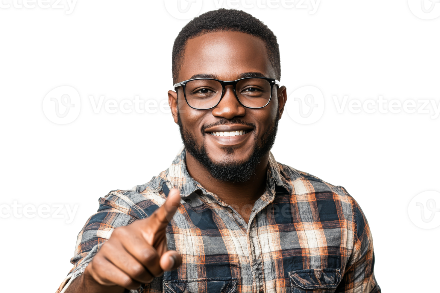 Man with glasses smiling and pointing forward png
