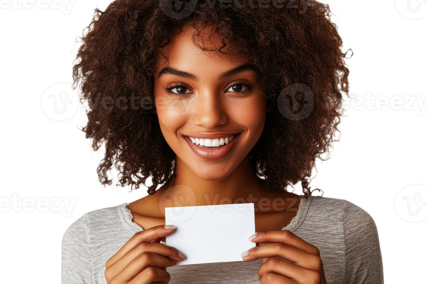 Smiling woman holding a blank card with open expression png