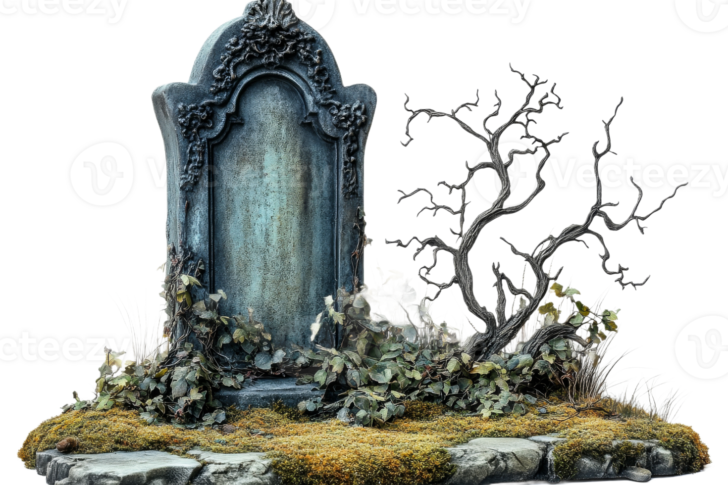 Gravestone with overgrown plants and twisted branches png