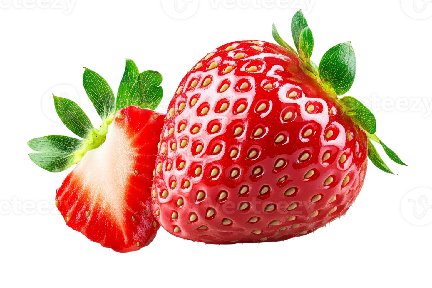 Large ripe strawberry with half cut on white background png