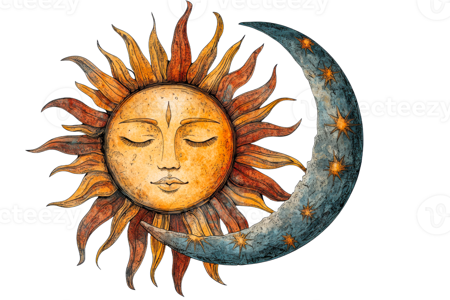 Sun and moon illustration with a serene expression png