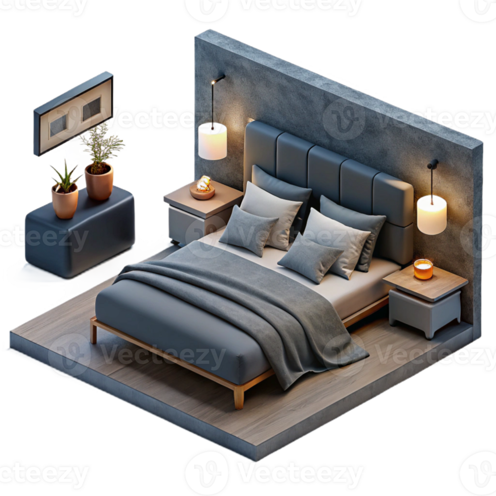 magnificent abstract Minimalist Bedroom with Dark Gray Bedding Cutout premium png
