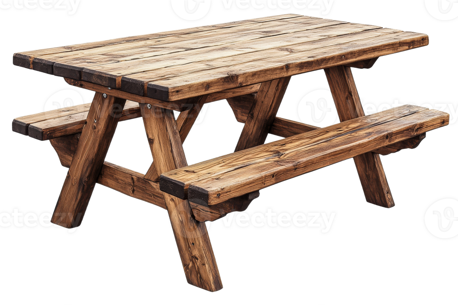 Rustic wooden picnic table with benches design png