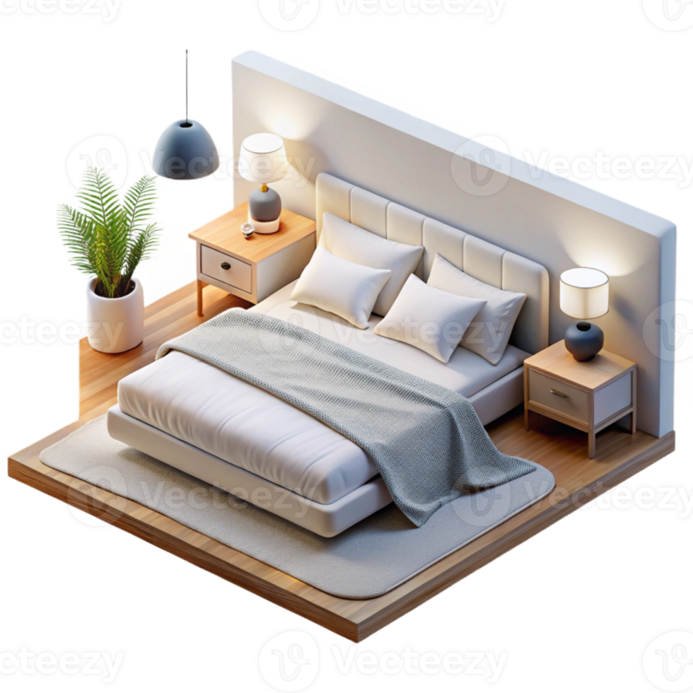 wonderful creative Minimalist Bedroom with White Bedding Transparent Background detailed png