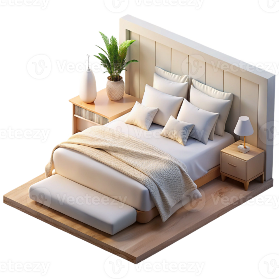 impressive classic Minimalist Bedroom with White Bedding Transparent Background high quality png