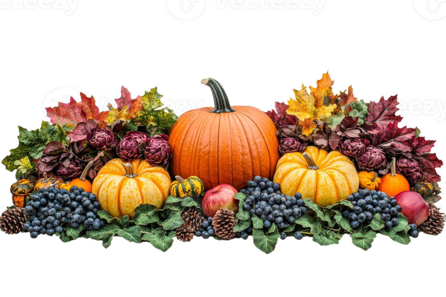 Autumn harvest display with pumpkins and colorful foliage png