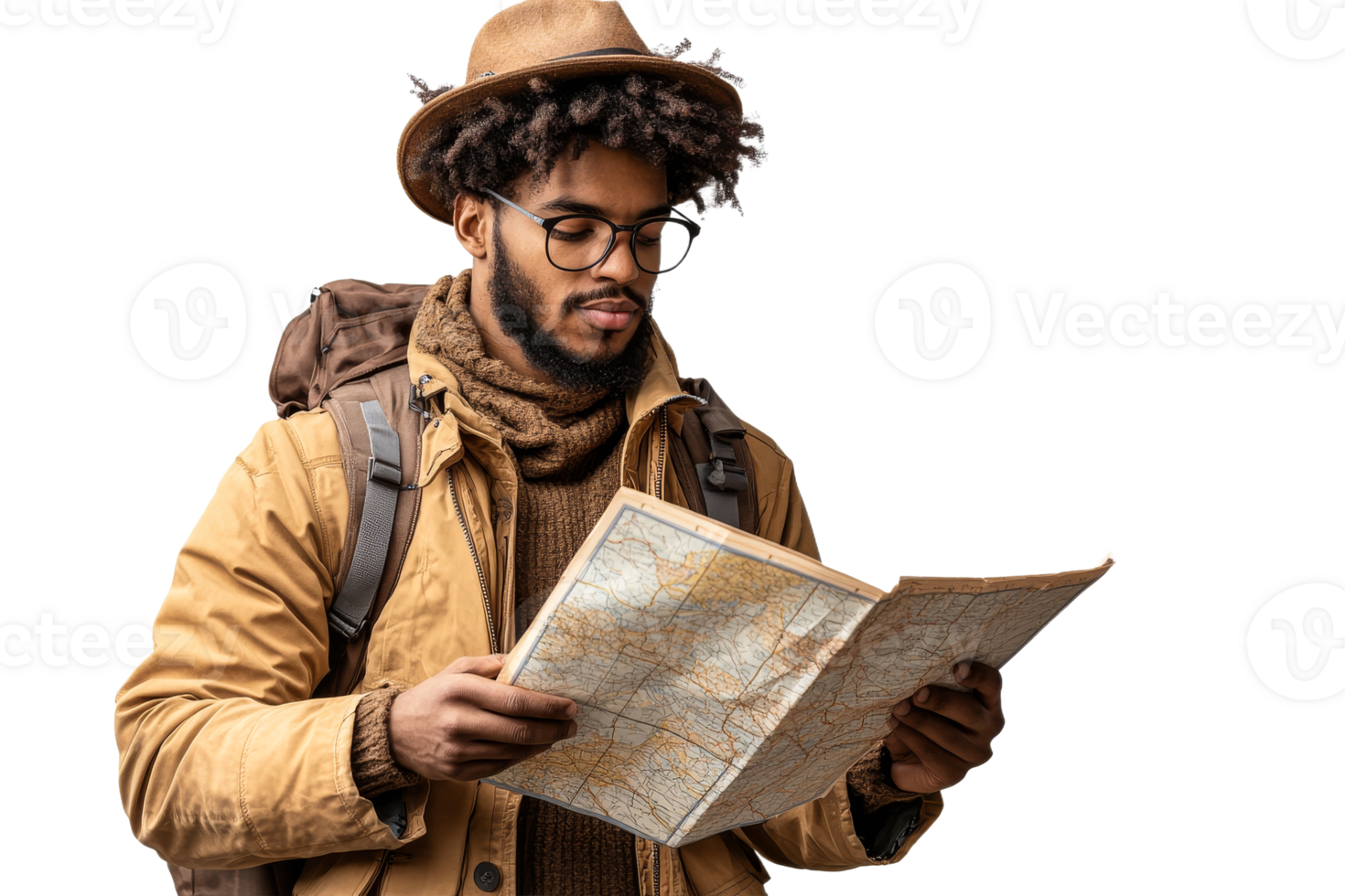 Man exploring a map in a warm outfit with a backpack png