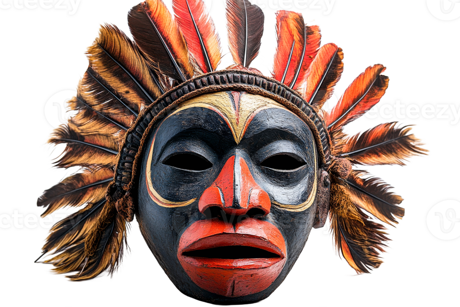 Traditional tribal mask with vibrant feathers and details png