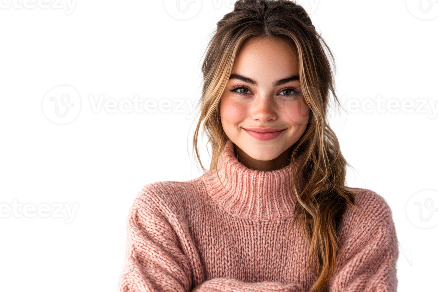 Girl smiling in cozy sweater with transparent background png