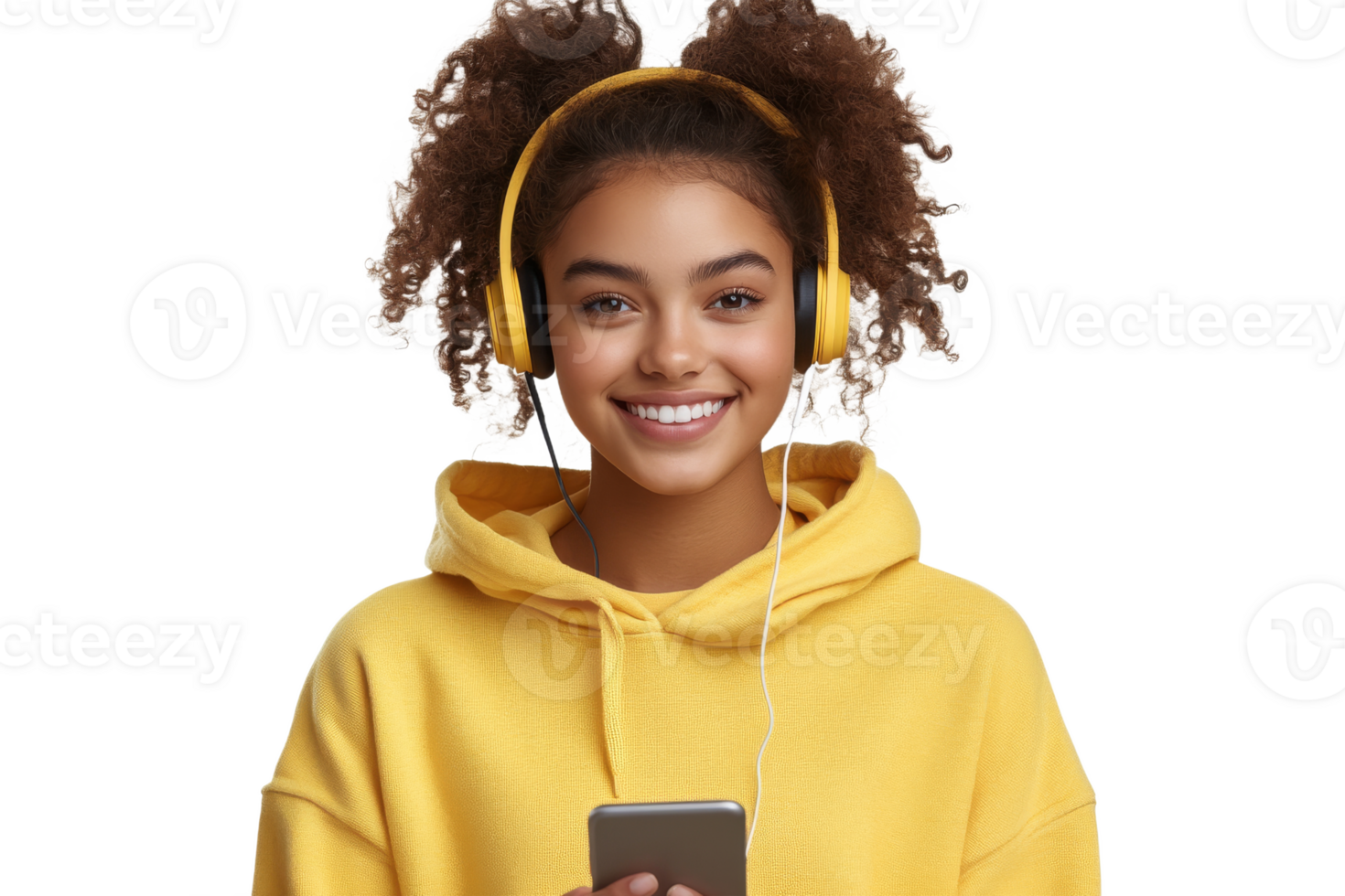 Girl wearing headphones smiles while listening to music png