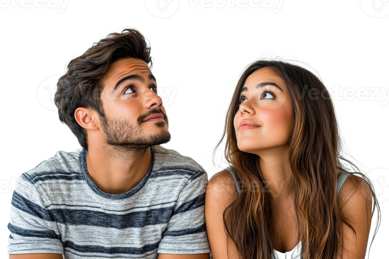 Young couple looking upward with curiosity and joy png