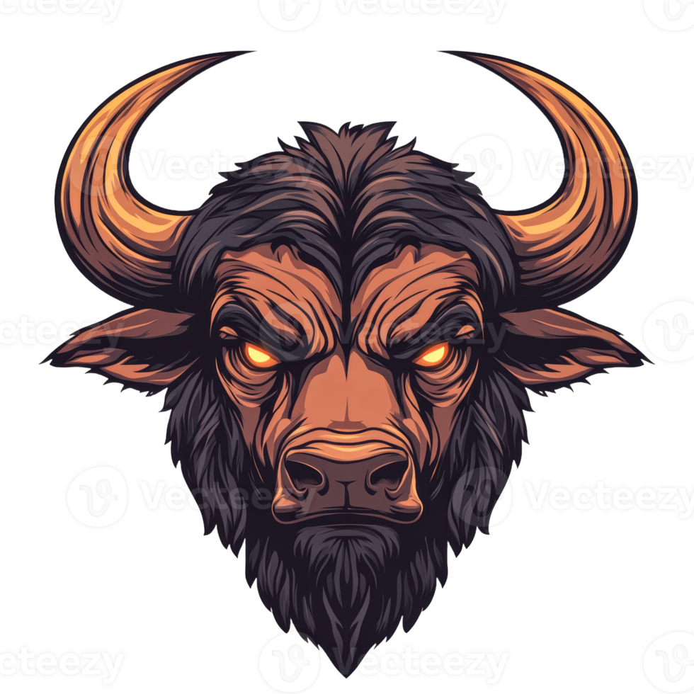 Bold bull head with fierce expression and horns png