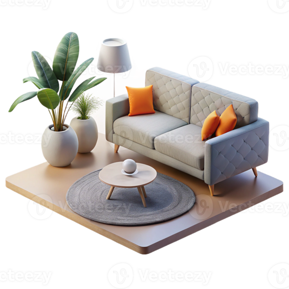 beautiful vintage Minimalist Living Room Side View Isolated high resolution png