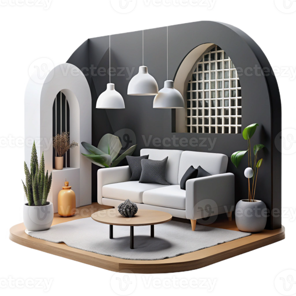 dramatic rustic Minimalist Living Room with Gray Rug Cutout png