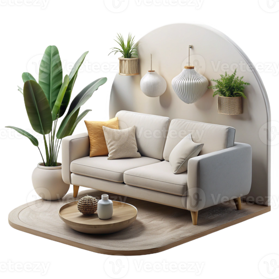 beautiful modern Minimalist Living Room with Gray Rug Cutout premium png